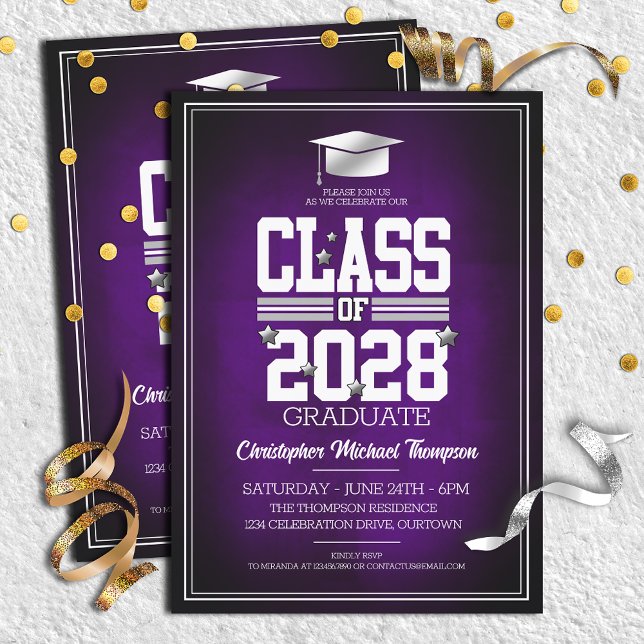 School Colours Purple|Silver Graduation Party Invitation (Creator Uploaded)