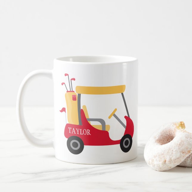 School Colours - Red & Gold Golf Cart Coffee Mug (With Donut)