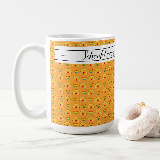 School Counsellor Rainbow Hearts Pattern School Coffee Mug (With Donut)
