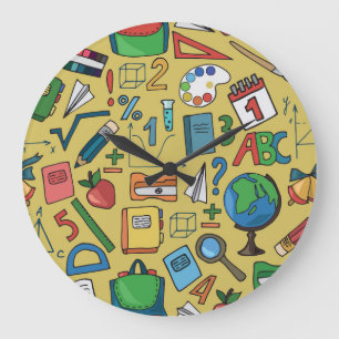 School Days: Vintage Supplies Pattern Large Clock