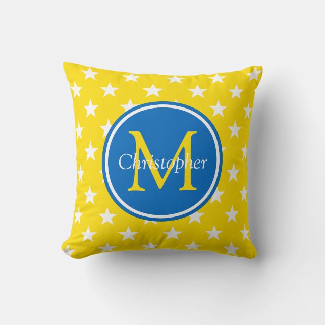 School Days Yellow and Blue Stars Monogram Cushion (Front)