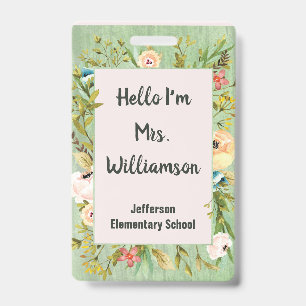 School Education Teaching Teacher Elegant Flowers ID Badge