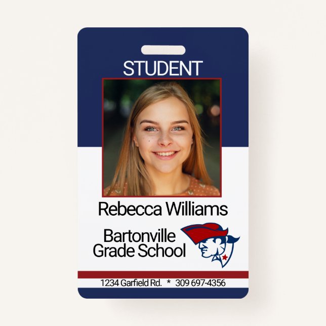 School / Employee Photo Badge - Red and Blue ID Badge (Front)