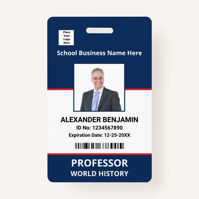 School Employee Photo Bar Code Name Custom   ID Badge (Front)