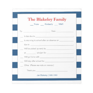 School Excuse Personalised, Blue Stripes Notepad