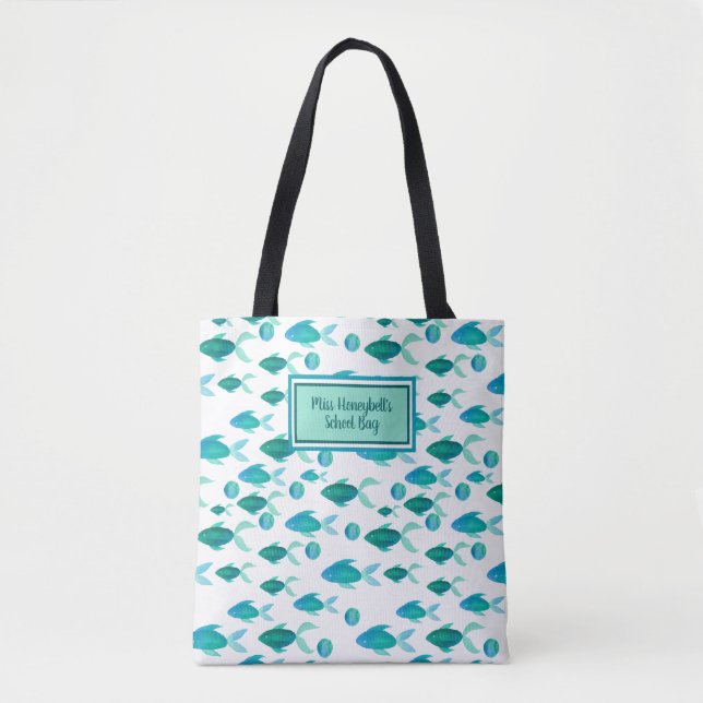 School Fish Ocean Blue Green Personalised Teacher Tote Bag (Front)