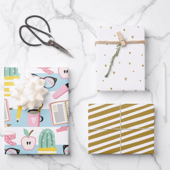 School Girl Blue & Gold Wrapping Paper Set (Front)