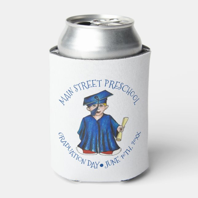 School Graduation Blue Cap Gown Diploma Graduate Can Cooler (Can Front)