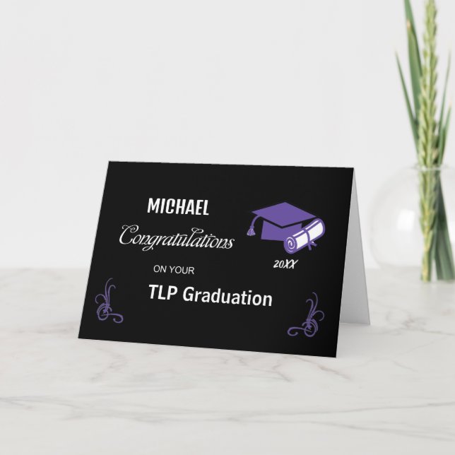 School Graduation Congratulations Black and Purple Card (Front)