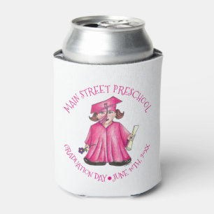 School Graduation Pink Cap Gown Diploma Graduate Can Cooler
