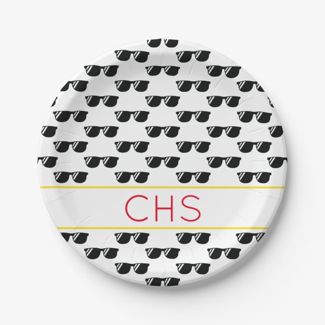 School INITIALS Sunglasses Grad Fun Cool Paper Plate (Front)