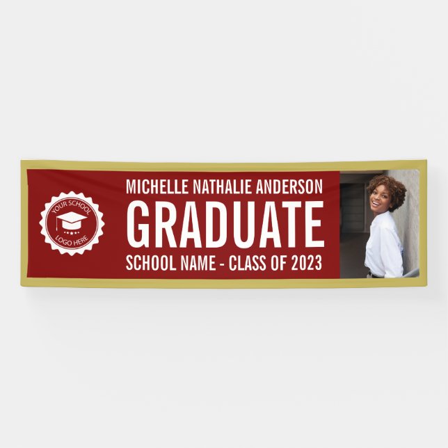 School logo Graduation Photo Party Maroon and Gold Banner (Horizontal)