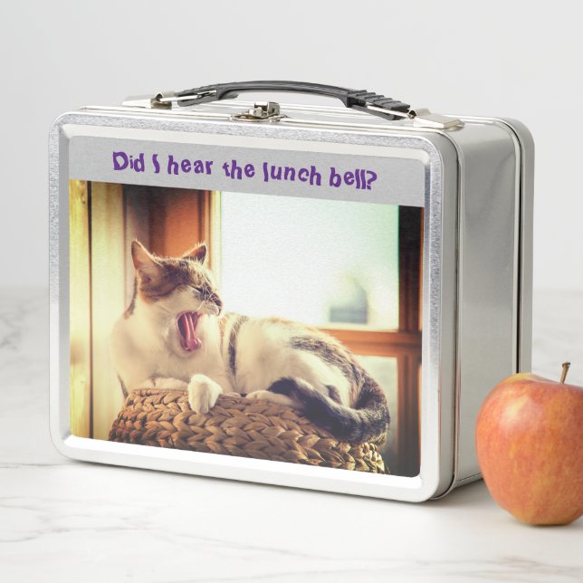 School Lunch Bell - Sleepy Cat Metal Lunch Box (In Situ)