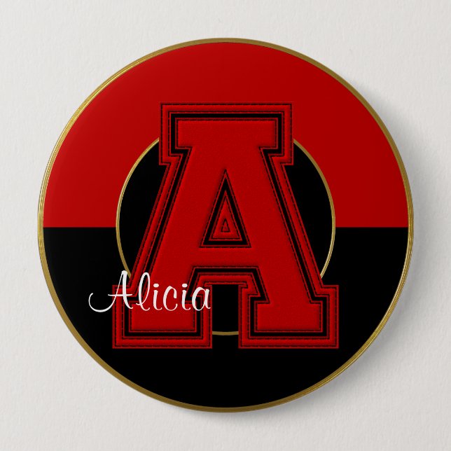 School Monogrammed Button, Red-Black Letter A 10 Cm Round Badge (Front)