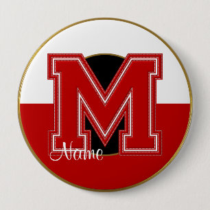 School Monogrammed Button, Red-White Letter M 10 Cm Round Badge