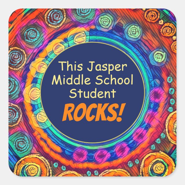School Name Student Rocks Fun Colourful Teacher Square Sticker (Front)