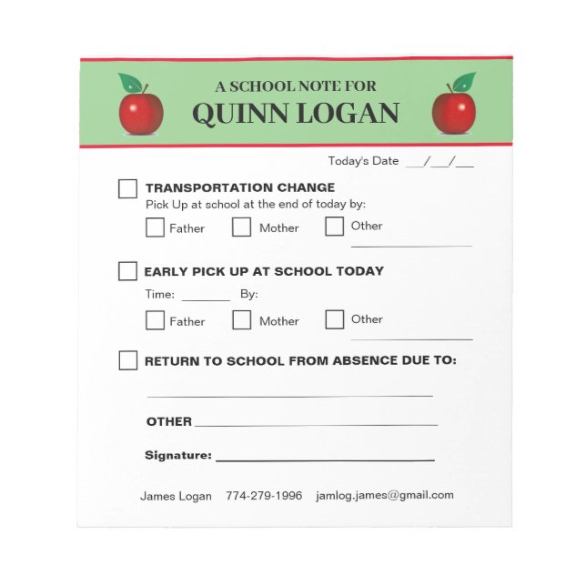 School Note Pad for Quinn Logan (Front)