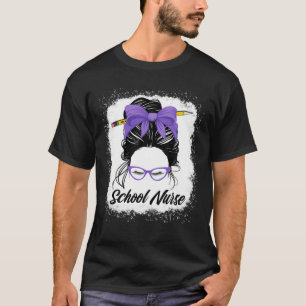 School Nurse Back To School Funny Women Messy Bun T-Shirt