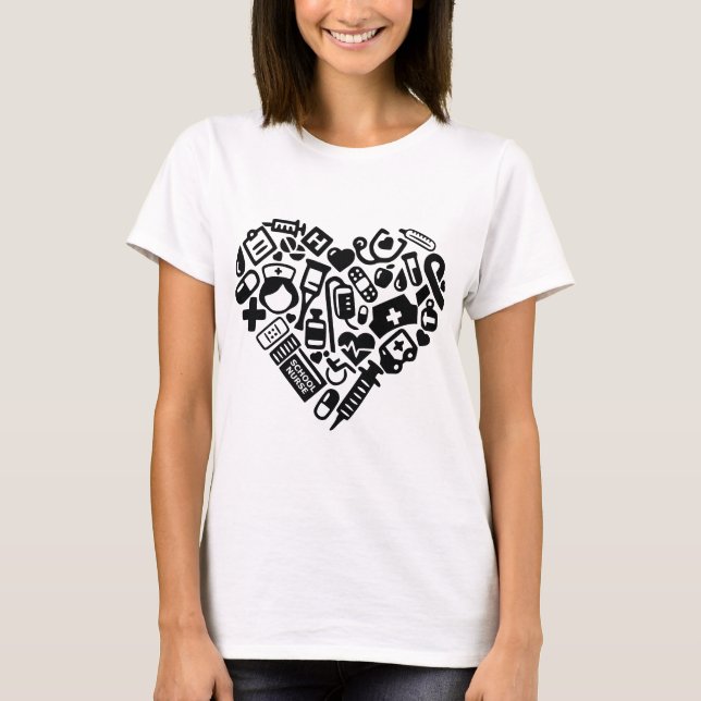School Nurse; Heart, Wheelchair, Crutches, Cross T-Shirt (Front)