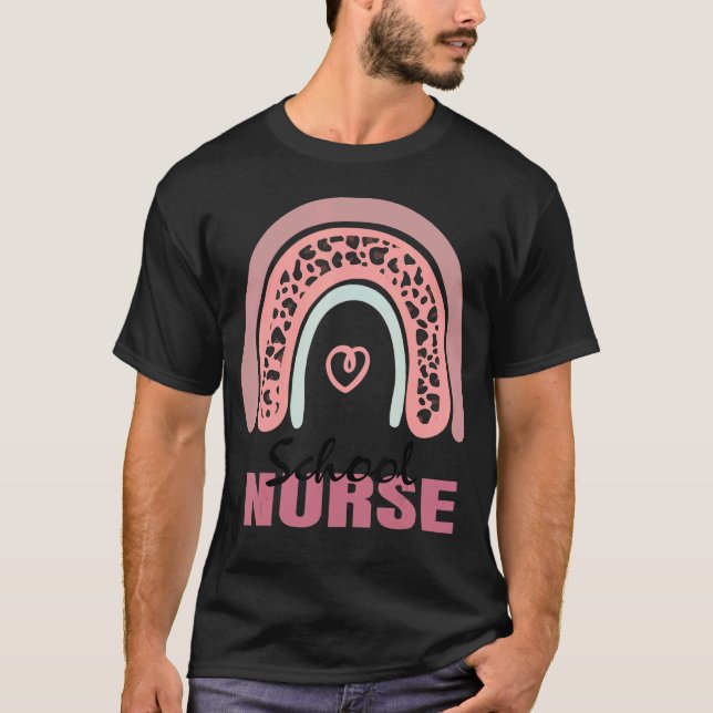 School Nurse Leopard Boho Rainbow Nursing School C T-Shirt (Front)