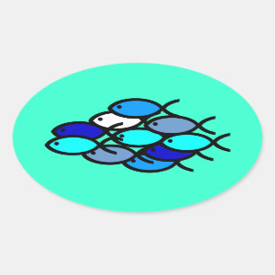 School of Christian Fish Symbols - Blue - Oval Sticker