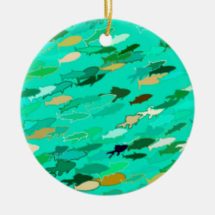 School of Fish, Aqua, Green and Gold Ceramic Tree Decoration