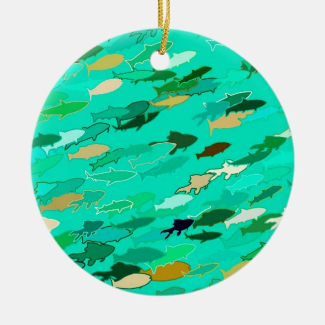 School of Fish, Aqua, Green and Gold Ceramic Tree Decoration (Front)