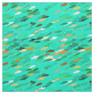 School of Fish, Aqua, Green and Gold Fabric
