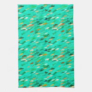 School of Fish, Aqua, Green and Gold Tea Towel