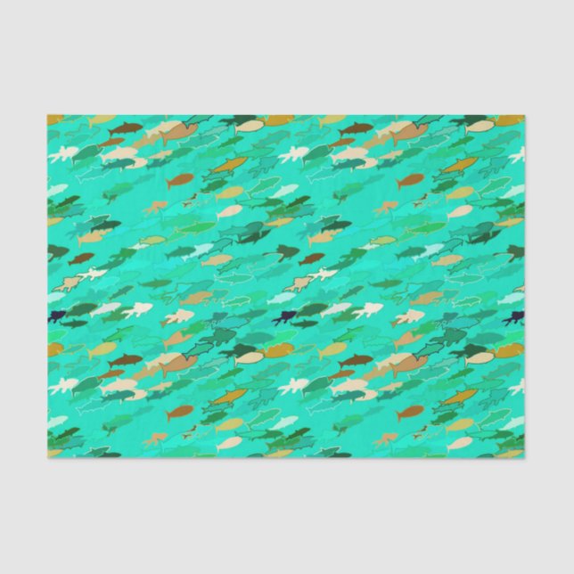 School of Fish, Aqua, Green and Gold Tissue Paper (Front)