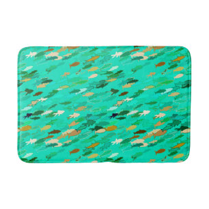School of fish, aqua, green, gold bath mat