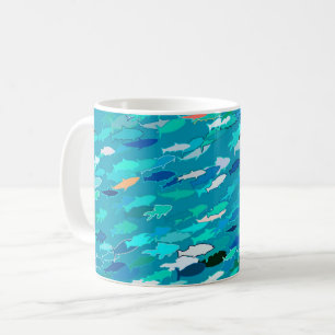 School of fish, blue, white, turquoise coffee mug