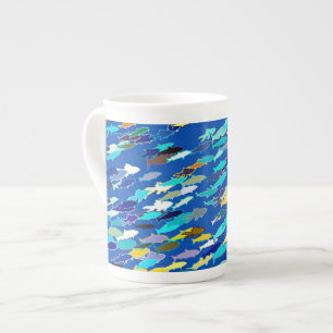 School of Fish, Dark Blue, White and Turquoise Bone China Mug