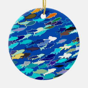 School of Fish, Dark Blue, White and Turquoise Ceramic Tree Decoration