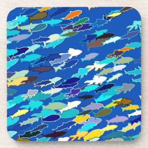School of Fish, Dark Blue, White and Turquoise Coaster