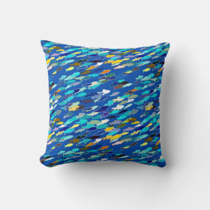 School of Fish, Dark Blue, White and Turquoise Cushion