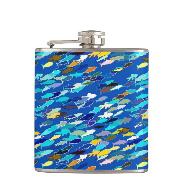 School of Fish, Dark Blue, White and Turquoise Hip Flask (Front)
