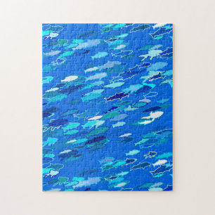 School of Fish, Dark Blue, White and Turquoise Jigsaw Puzzle