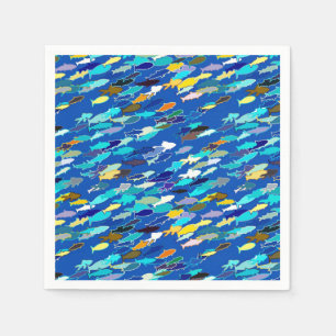 School of Fish, Dark Blue, White and Turquoise Napkin