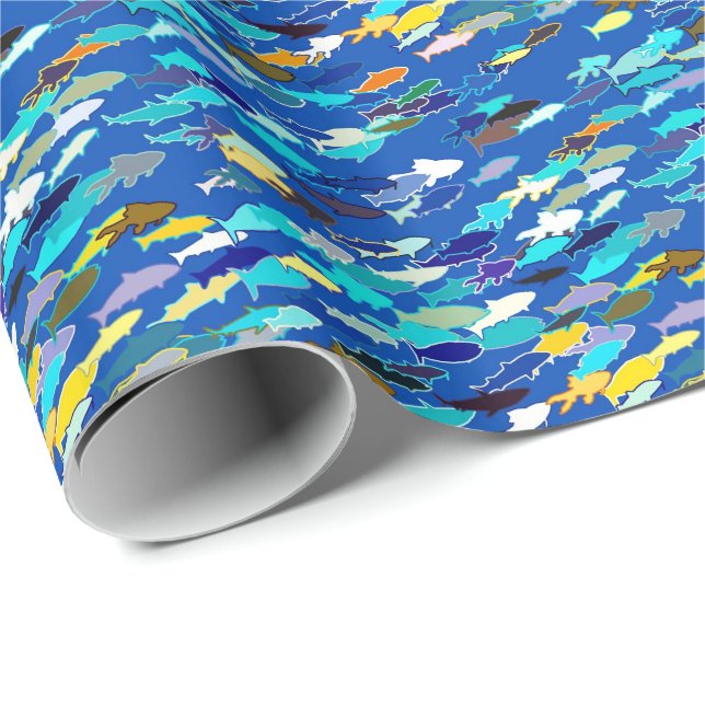 School of Fish, Dark Blue, White and Turquoise Wrapping Paper (Roll Corner)