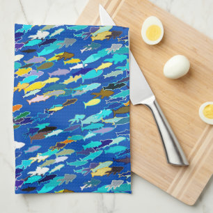 School of fish, dark blue, white, turquoise tea towel