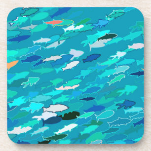 School of Fish, Turquoise,  Blue and Aqua  Coaster
