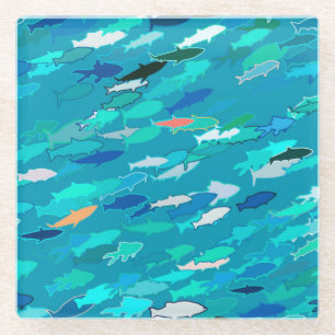 School of Fish, Turquoise, Blue and Aqua Glass Coaster