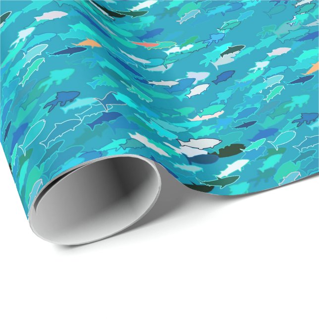 School of Fish, Turquoise,  Blue and Aqua  Wrapping Paper (Roll Corner)
