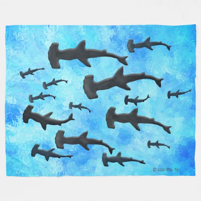 School of Hammerhead Sharks in Silhouette Fleece Blanket (Front (Horizontal))
