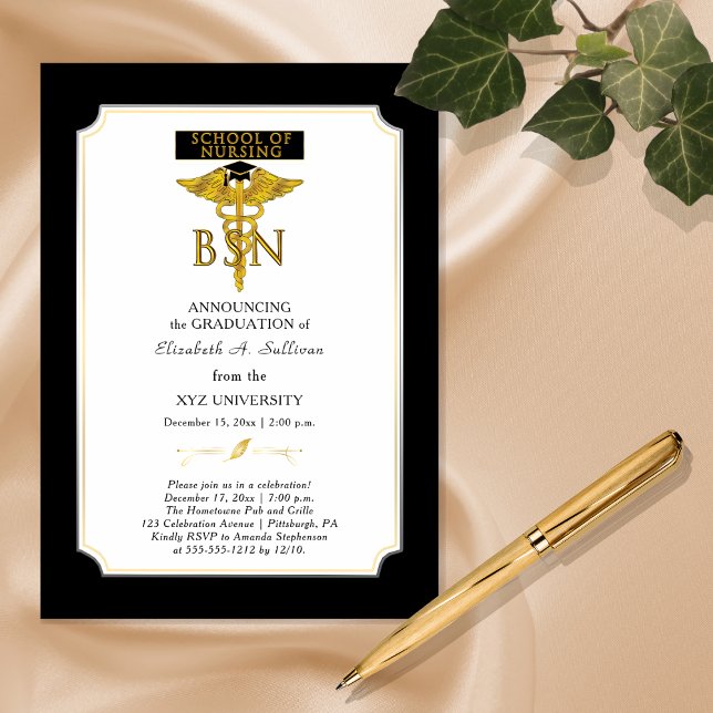 School of Nursing Nurse BSN Graduation Invitation (Elegant "BSN" Nursing Degree College Graduation Invitation -- Print and/or Download)