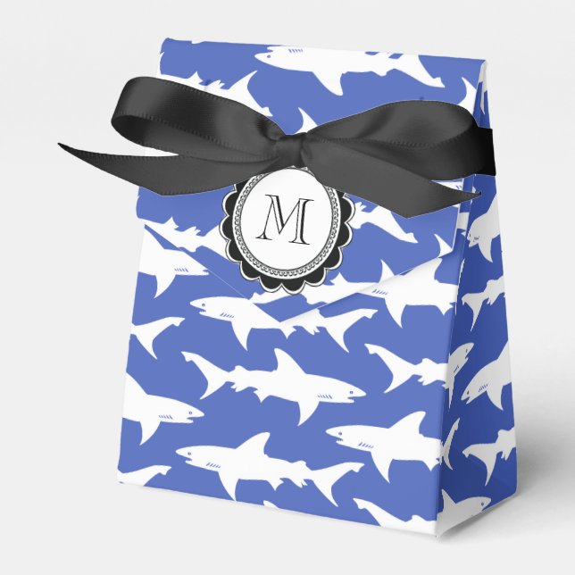 School of Sharks Funny Blue and White Favour Box (Front Side)