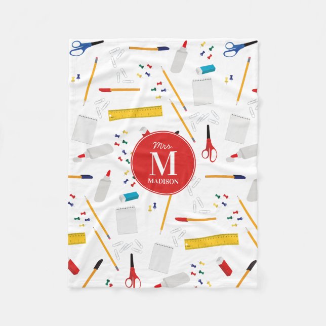 School Office & Crafts Supplies Pattern Monogram Fleece Blanket (Front)