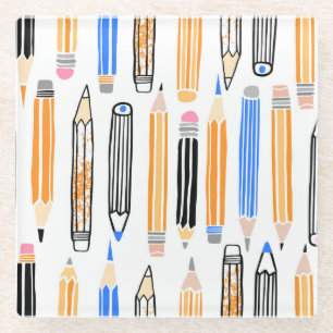 School Pencil Hand Drawn Illustration Glass Coaster