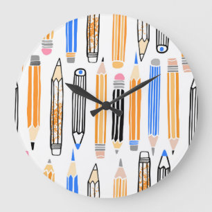 School Pencil Hand Drawn Illustration Large Clock